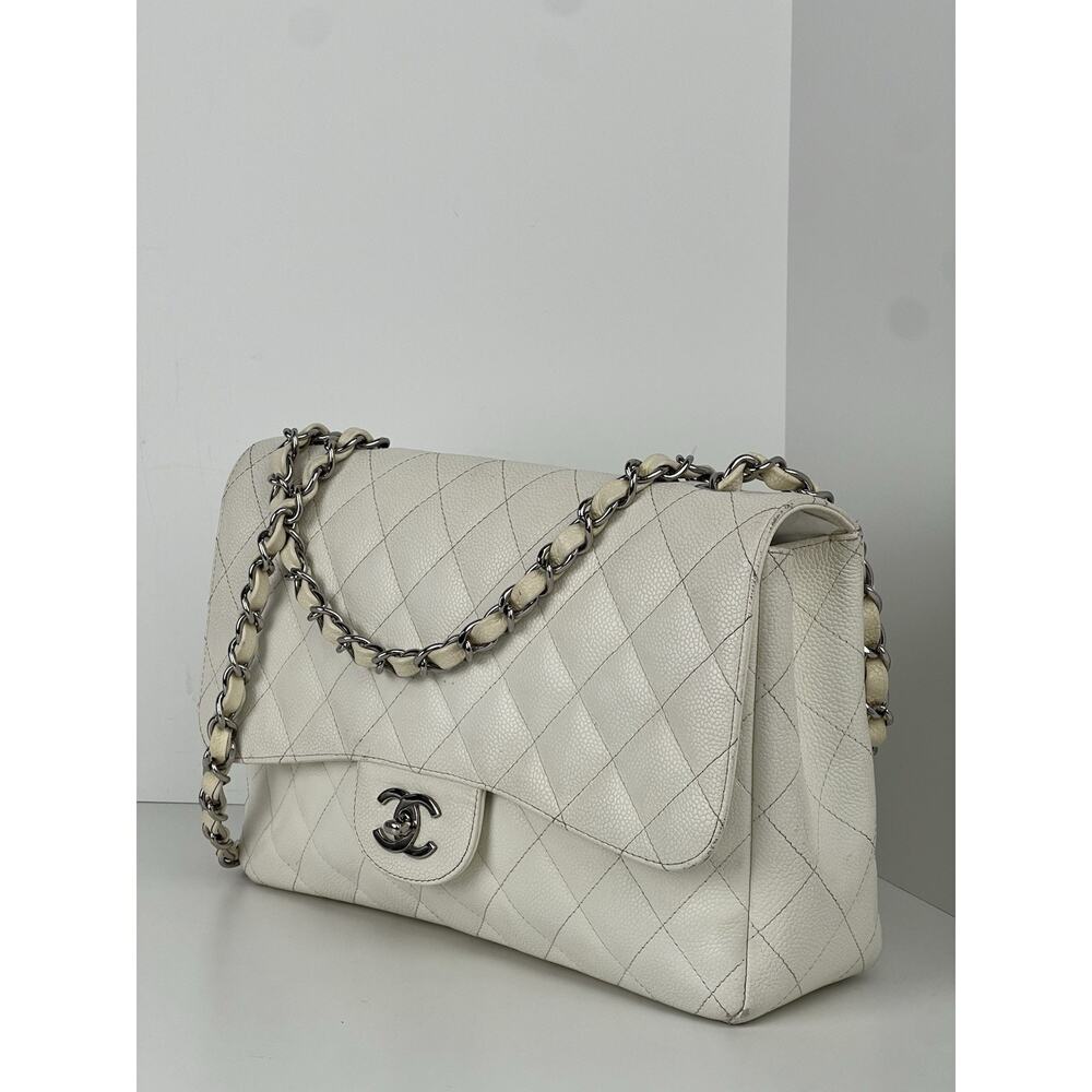 CHANEL Classic Jumbo Double Flap White Caviar Leather Shoulder Bag 2005-2006